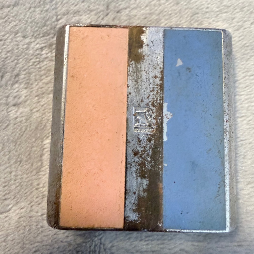 Vintage Bourjois Enamel Compact w/ Original Rouge Lipstick Stick‎ Pink Blue